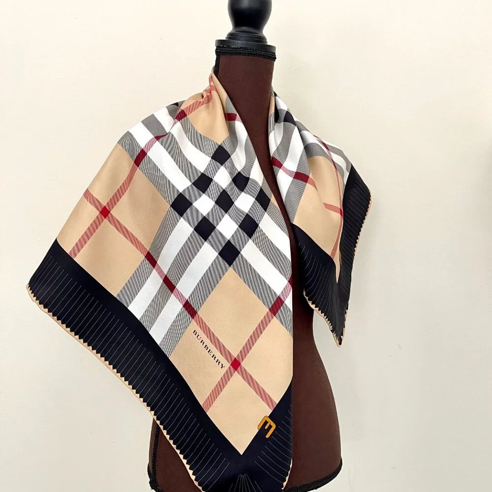 New Burberry Scarf House Check Beige Black Border Silk Scarf Wrap - Picture 12 of 14